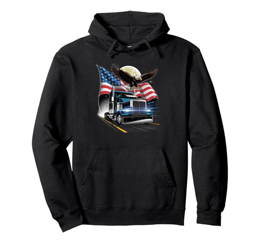 American Flag Trucker Dad Big Rig Trailer Hoodie - Graphic Print Men Women - T-Shirt, Sweatshirt, Hoodie