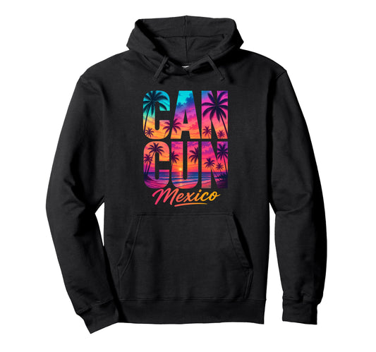 Cancun Mexico Palm Tree Sunset Beach Summer Hoodie - Unique Graphic Unisex - T-Shirt, Sweatshirt, Hoodie
