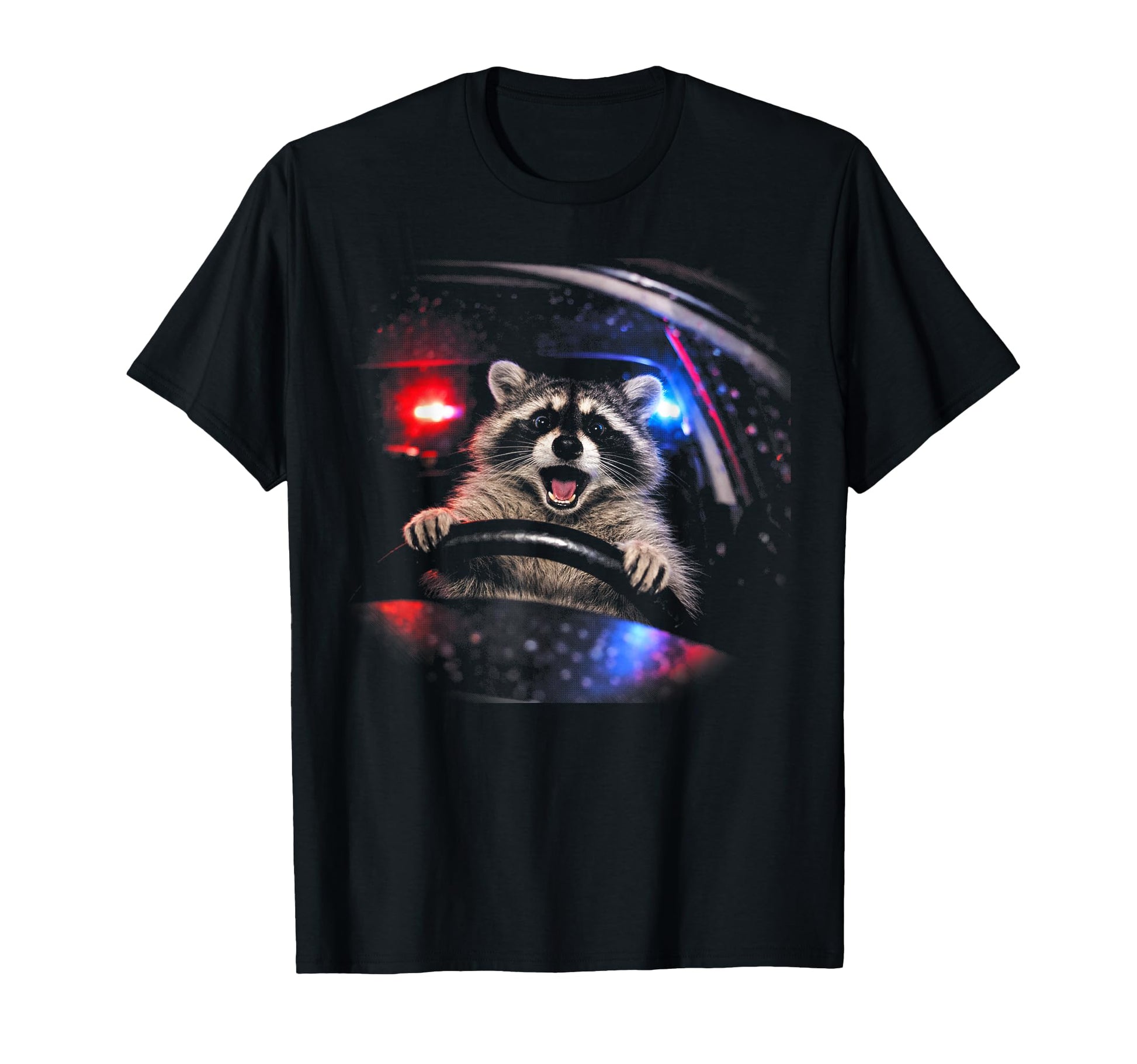 Funny Raccoon Driving Car Police Lights T-Shirt - Minimalist Print Unisex - T-Shirt, Sweatshirt, Hoodie