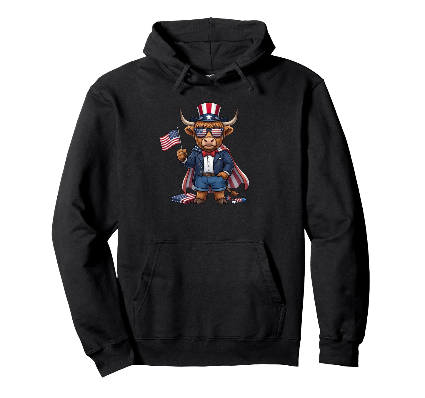 Highland Cow American Usa Flag Memorial Hoodie - Graphic Print for Adults - T-Shirt, Sweatshirt, Hoodie