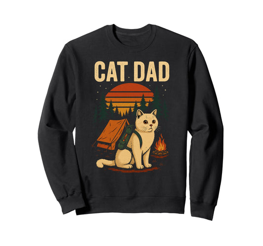 British Shorthair Cat Dad Camping Sweatshirt - Unique Graphic Men Women - T-Shirt, Sweatshirt, Hoodie