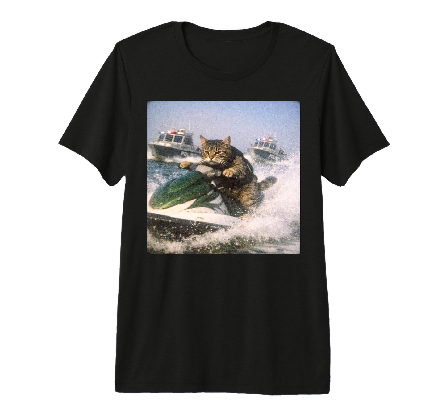 Cat Police Chase Meme Watercraft Cat T-Shirt - Novelty Apparel for Adults - T-Shirt, Sweatshirt, Hoodie