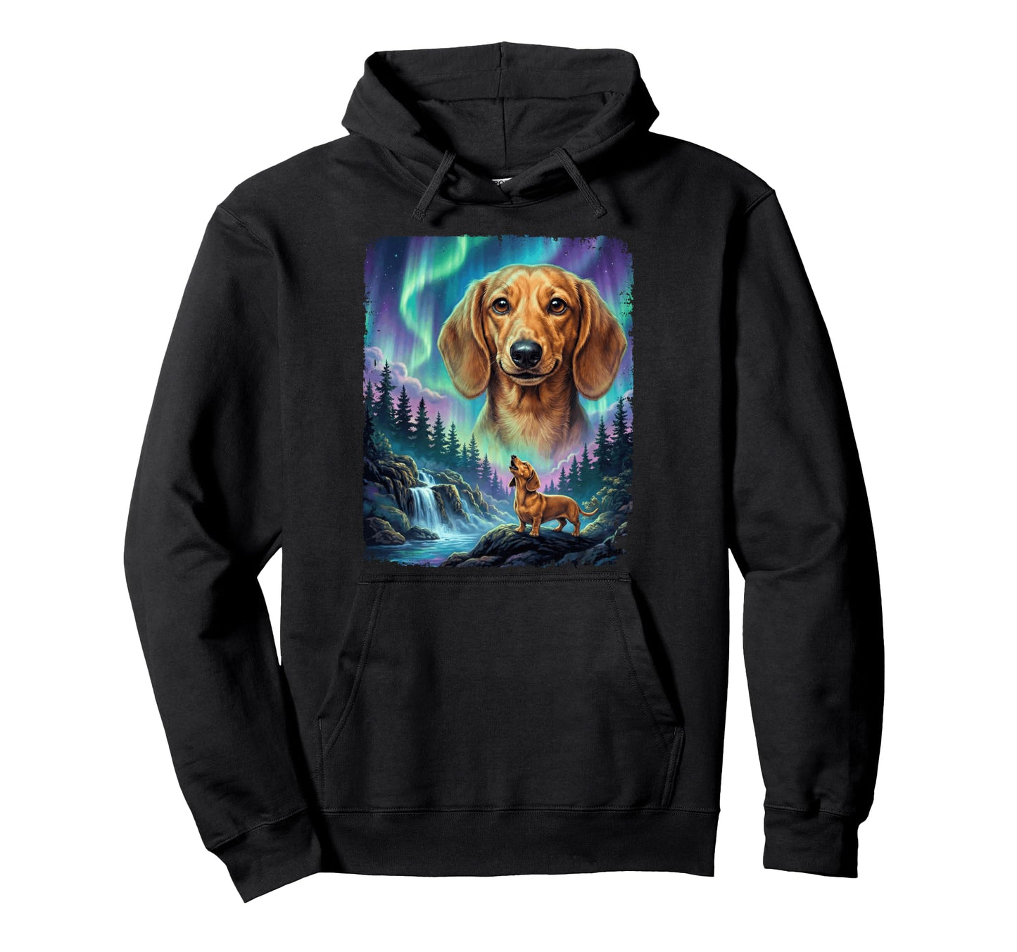 Dachshund Howling Aurora Borealis Hoodie - Novelty Apparel Unisex - T-Shirt, Sweatshirt, Hoodie