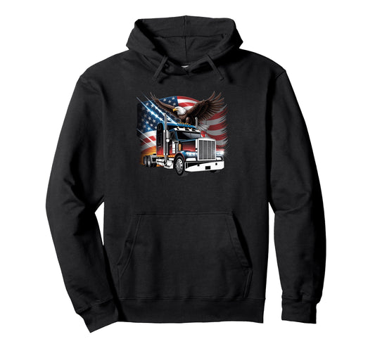 American Flag Trucker Dad Big Rig Trailer Usa Hoodie - Graphic Print Unisex - T-Shirt, Sweatshirt, Hoodie