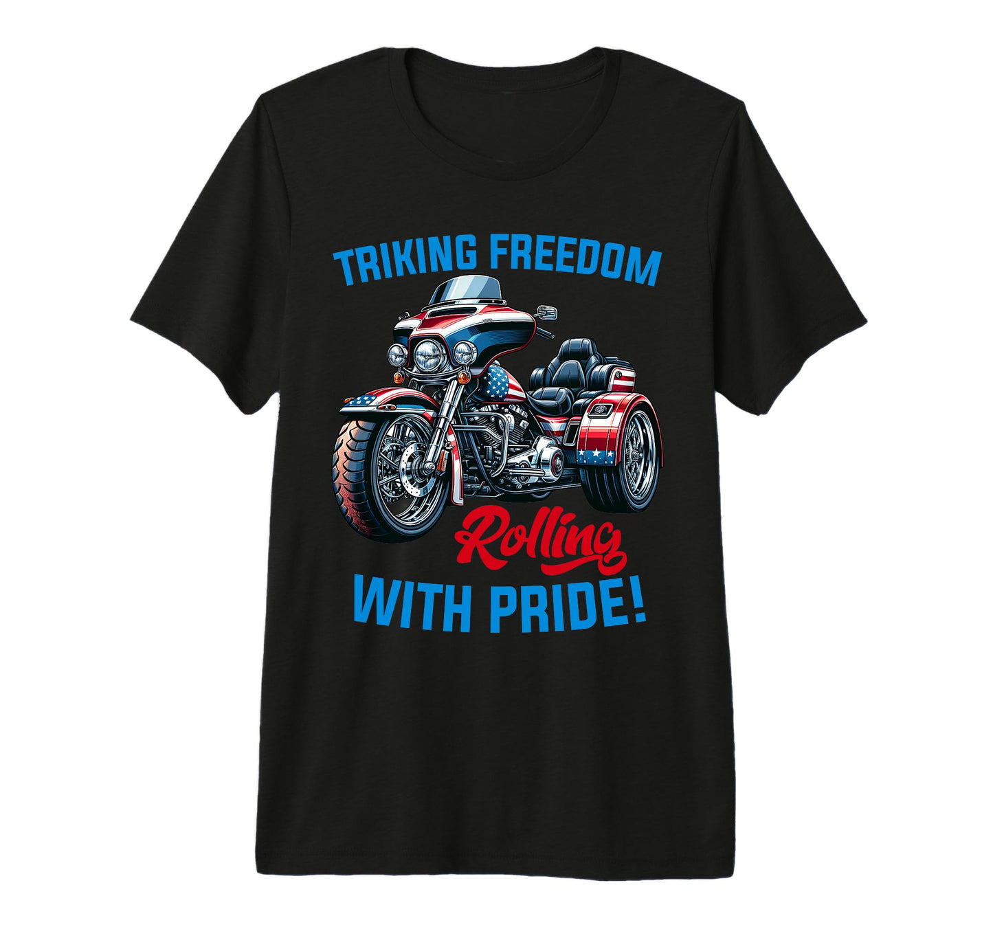 Motorcycle Trike American Flag Three T-Shirt - Casual Everyday Wear Unisex - T-Shirt, Sweatshirt, Hoodie
