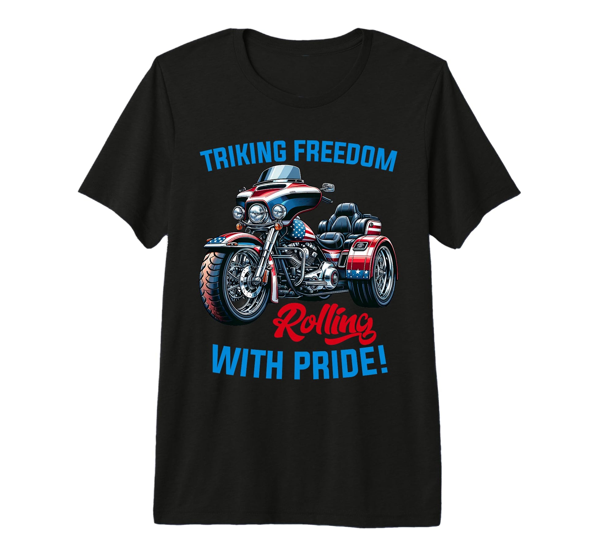 Motorcycle Trike American Flag Three T-Shirt - Casual Everyday Wear Unisex - T-Shirt, Sweatshirt, Hoodie