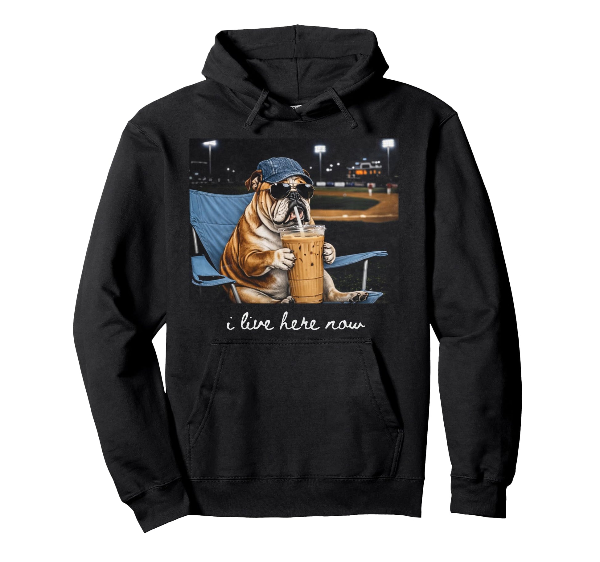 I Live Here Now Funny Bulldog Baseball Hoodie - Custom Art Print Unisex - T-Shirt, Sweatshirt, Hoodie
