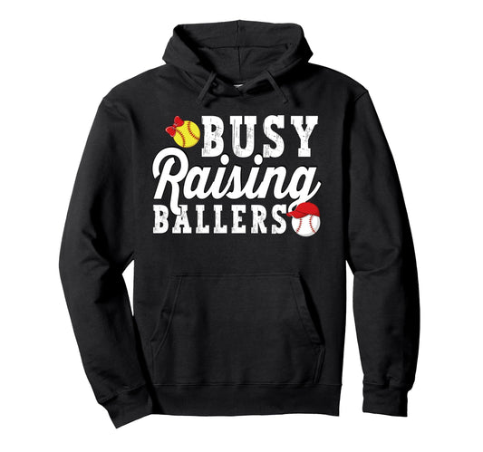 Busy Raising Ballers Softball Baseball Hoodie - Minimalist Print Men Women - T-Shirt, Sweatshirt, Hoodie