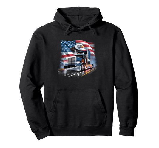 American Flag Trucker Dad Big Rig Trailer Hoodie - Unique Graphic Unisex - T-Shirt, Sweatshirt, Hoodie