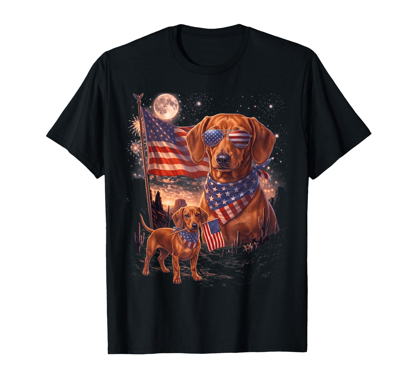 Dachshund Dog Patriotic Dog Moon T-Shirt - Casual Everyday Wear Unisex - T-Shirt, Sweatshirt, Hoodie