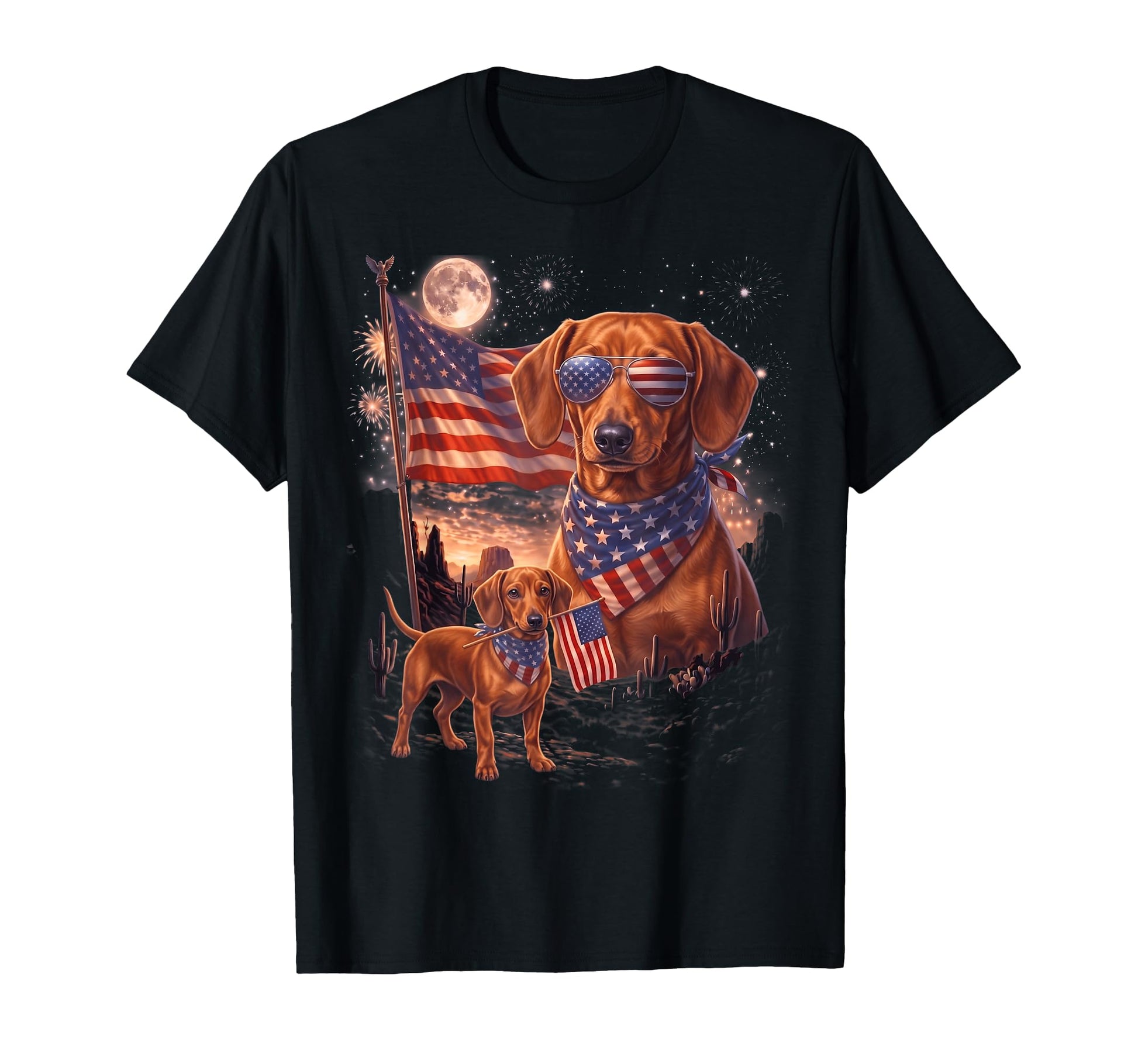 Dachshund Dog Patriotic Dog Moon T-Shirt - Casual Everyday Wear Unisex - T-Shirt, Sweatshirt, Hoodie