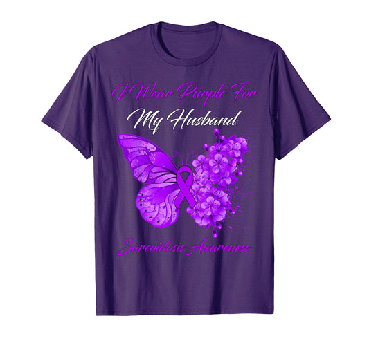 Butterfly I Wear Purple My Husband T-Shirt - Novelty Apparel for Adults - T-Shirt, Sweatshirt, Hoodie