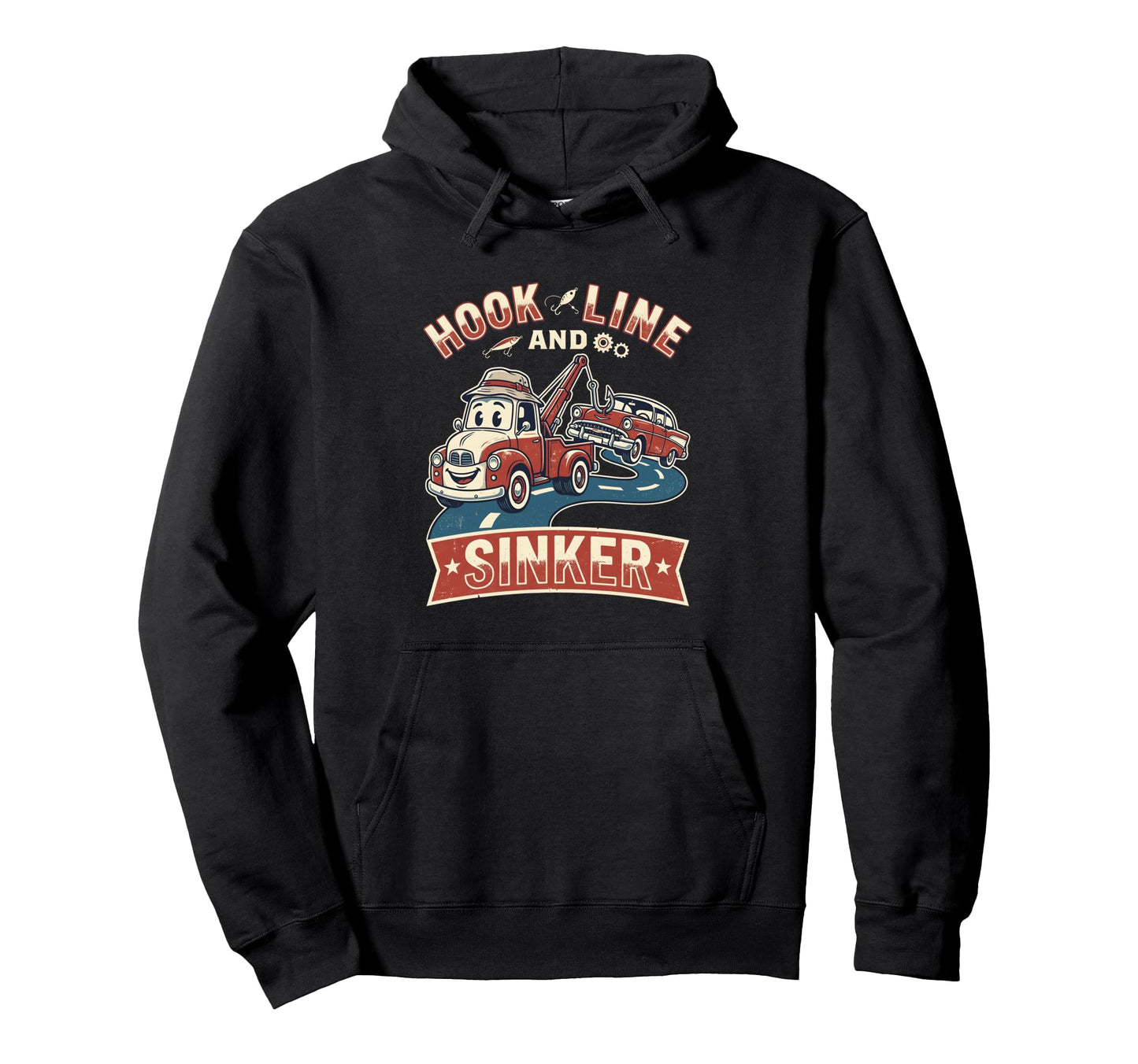 Tow Truck Cartoon Fishing Pun Hook Hoodie - Fun Novelty Design Men Women - T-Shirt, Sweatshirt, Hoodie