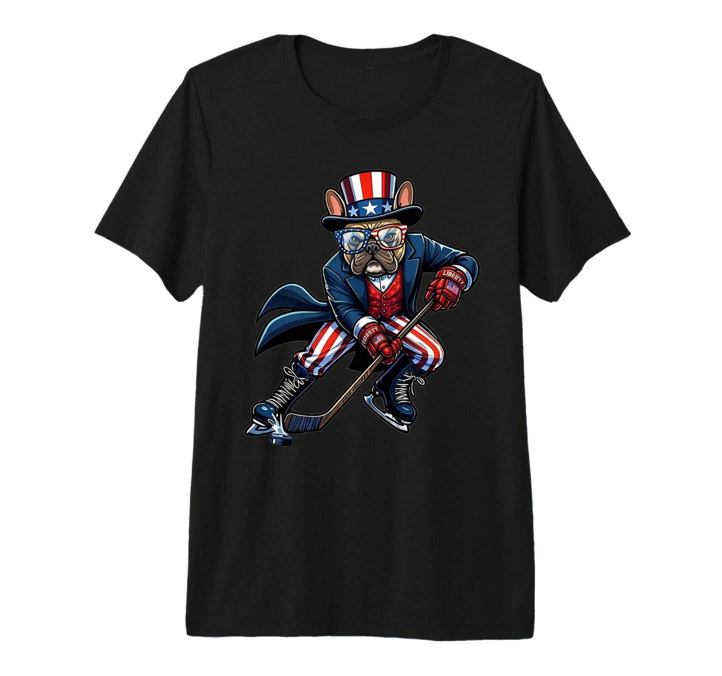 Mens Patriotic French Bulldog Hockey T-Shirt - Trendy Graphic Unisex - T-Shirt, Sweatshirt, Hoodie
