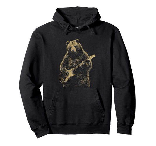 Bear Playing Electric Guitar Rocker Hoodie - Novelty Apparel for Adults - T-Shirt, Sweatshirt, Hoodie