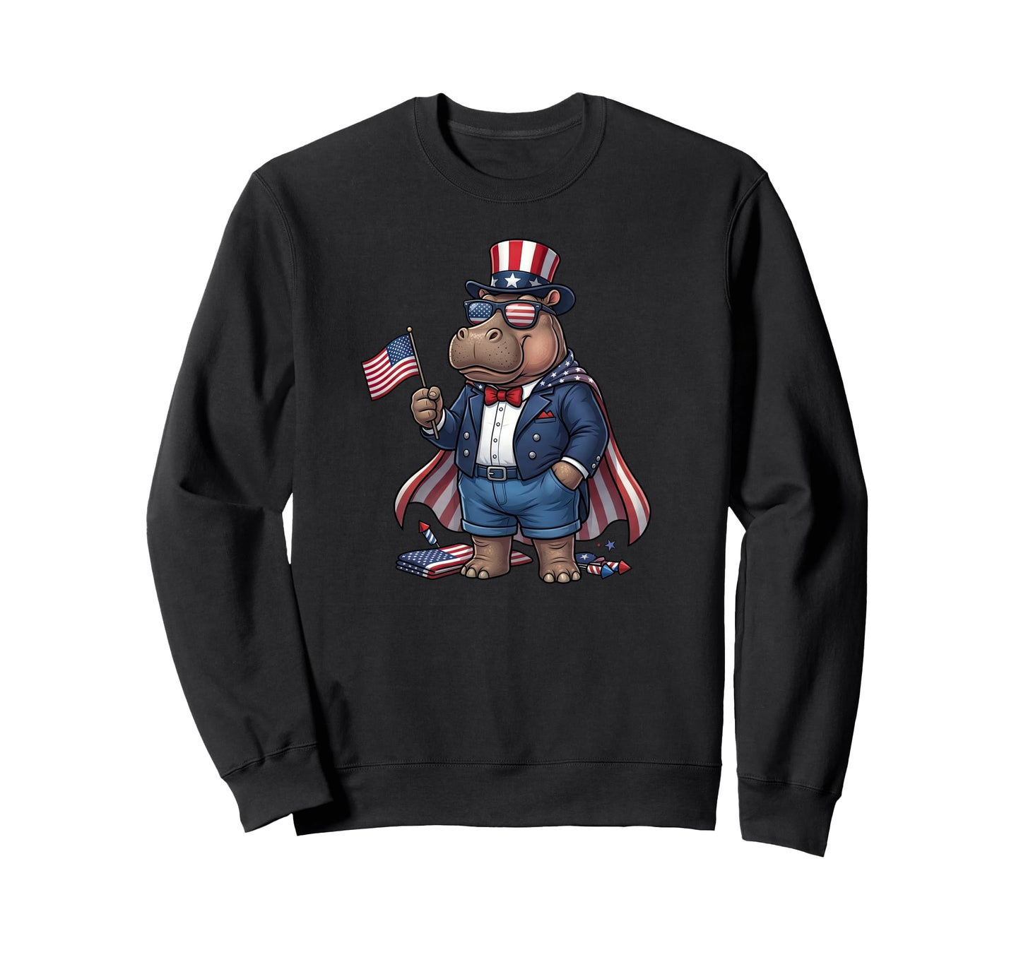 Funny Hippo American Usa Flag Memorial Sweatshirt - Trendy Graphic Unisex - T-Shirt, Sweatshirt, Hoodie