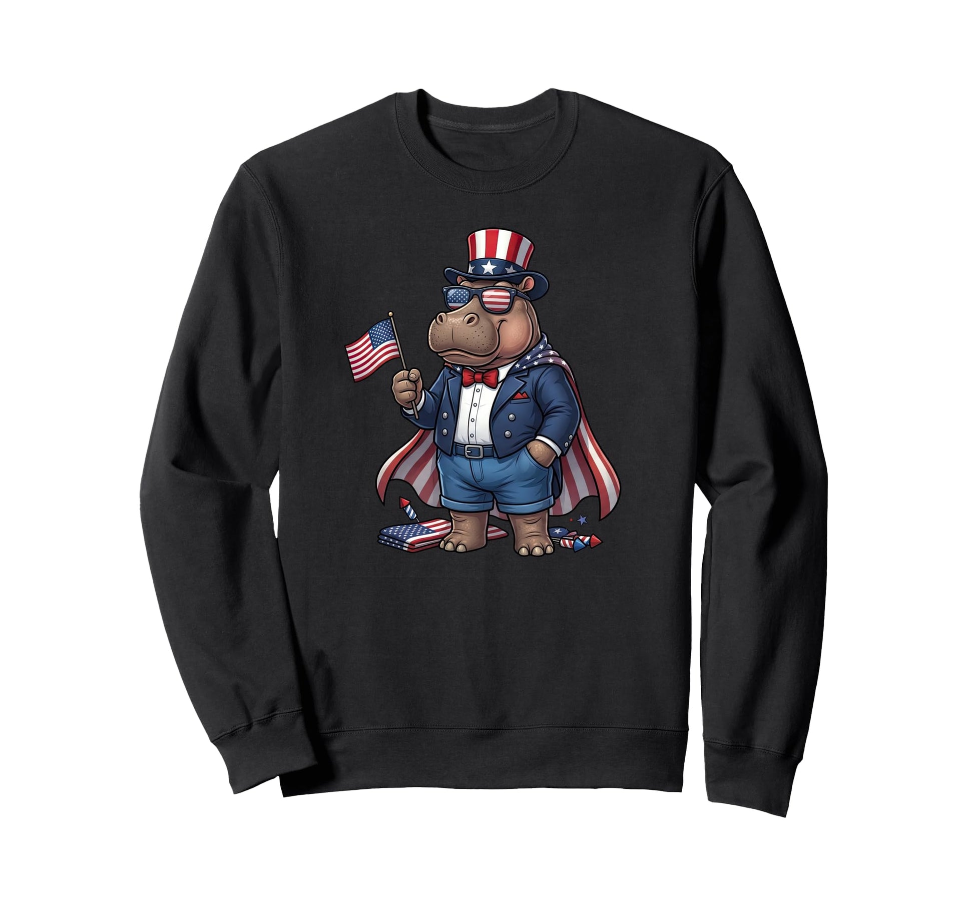 Funny Hippo American Usa Flag Memorial Sweatshirt - Trendy Graphic Unisex - T-Shirt, Sweatshirt, Hoodie