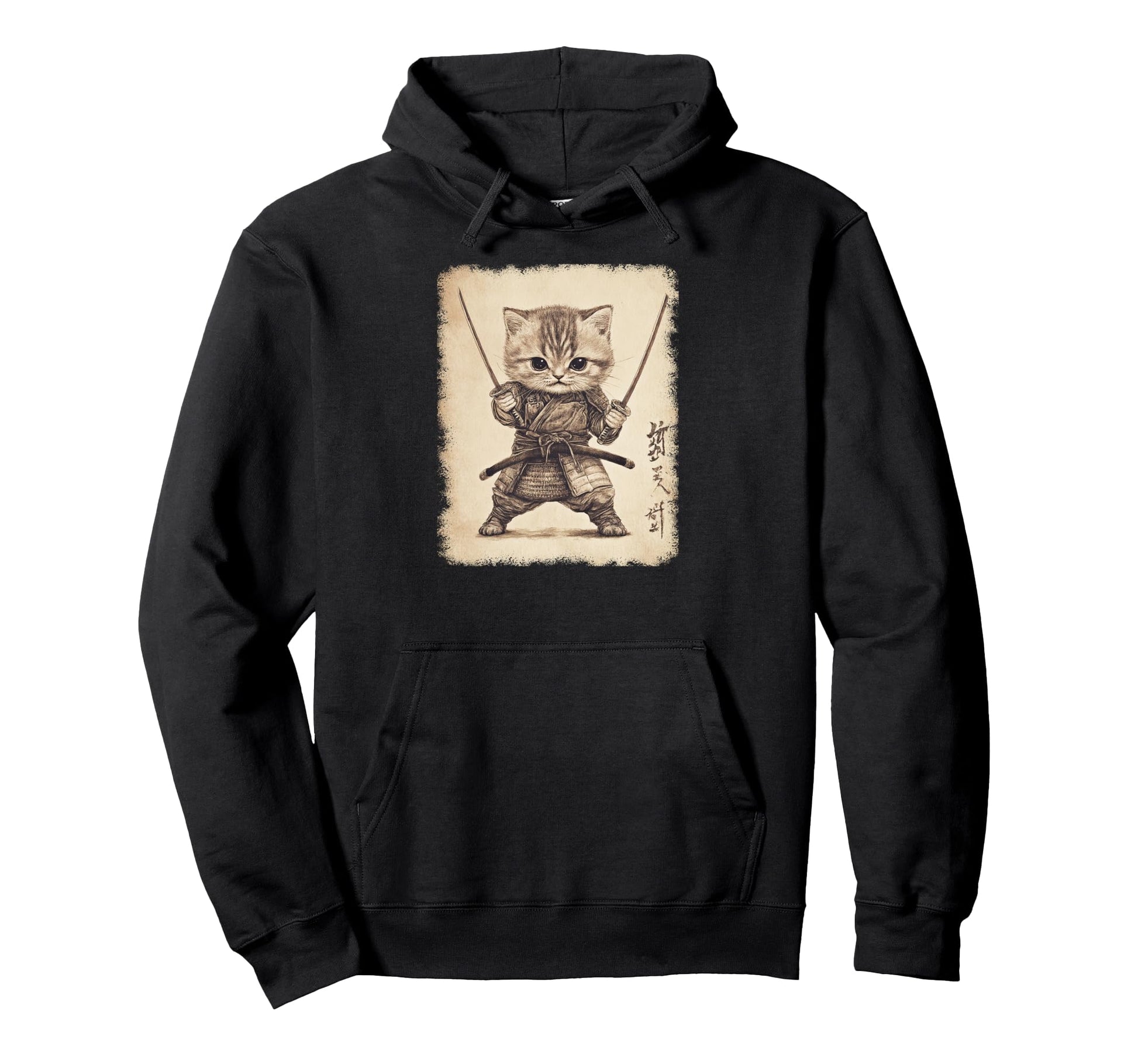 Japanese Samurai Kitten Kawaii Ninja Hoodie - Fun Novelty Design Men Women - T-Shirt, Sweatshirt, Hoodie