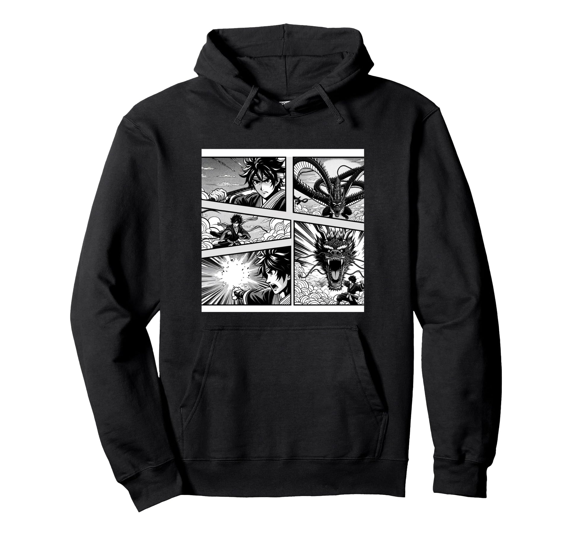 Japanese Fighters Battling Dragon Hoodie - Custom Art Print Men Women - T-Shirt, Sweatshirt, Hoodie
