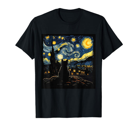 Cat Starry Night Van Gogh Cat Cat T-Shirt - Minimalist Print for Adults - T-Shirt, Sweatshirt, Hoodie
