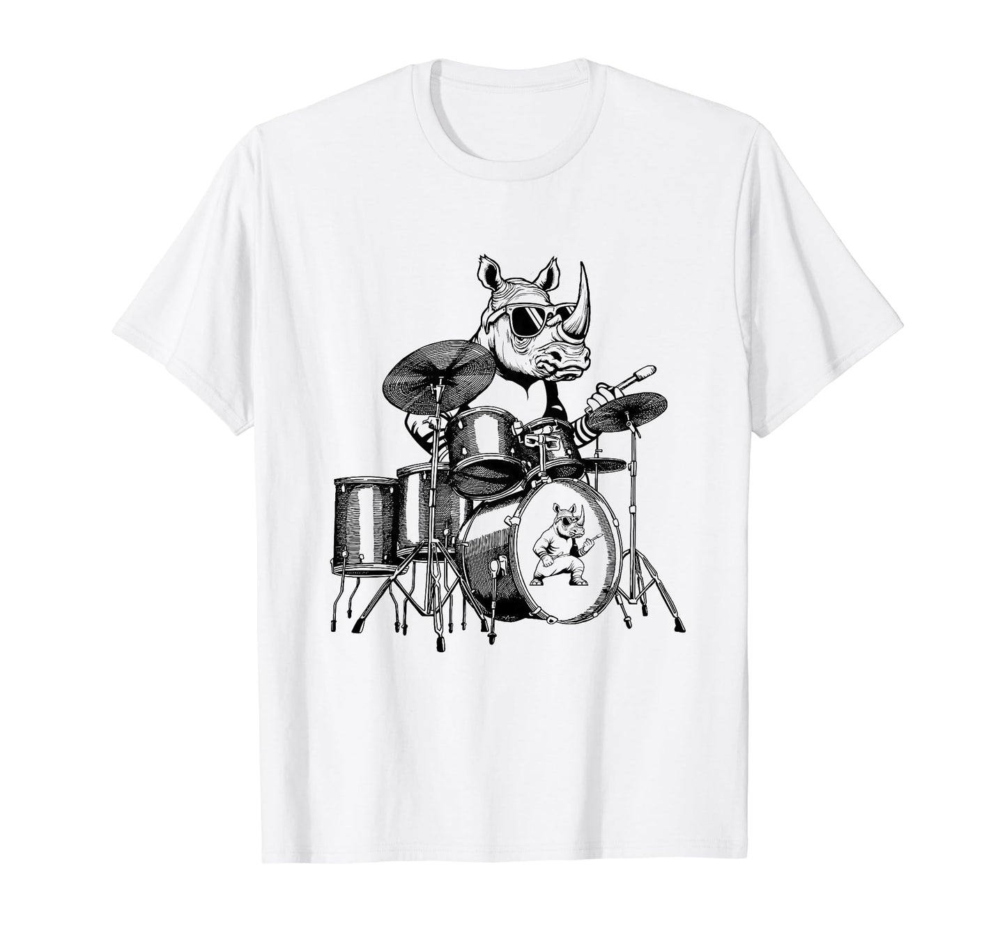 Rhino Playing Drums Drummer Drumming T-Shirt - Novelty Apparel for Adults - T-Shirt, Sweatshirt, Hoodie