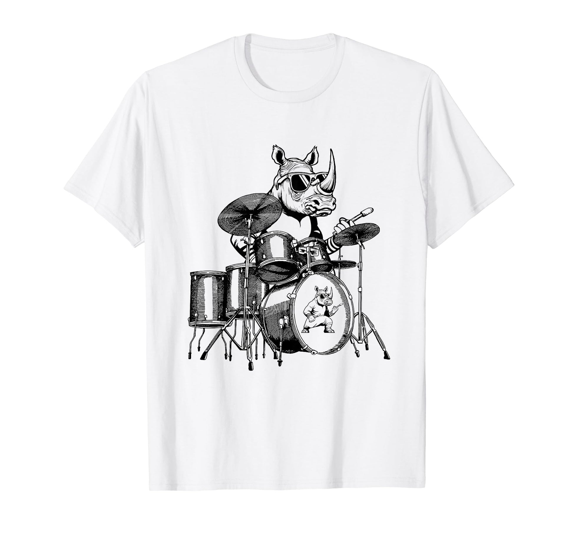 Rhino Playing Drums Drummer Drumming T-Shirt - Novelty Apparel for Adults - T-Shirt, Sweatshirt, Hoodie