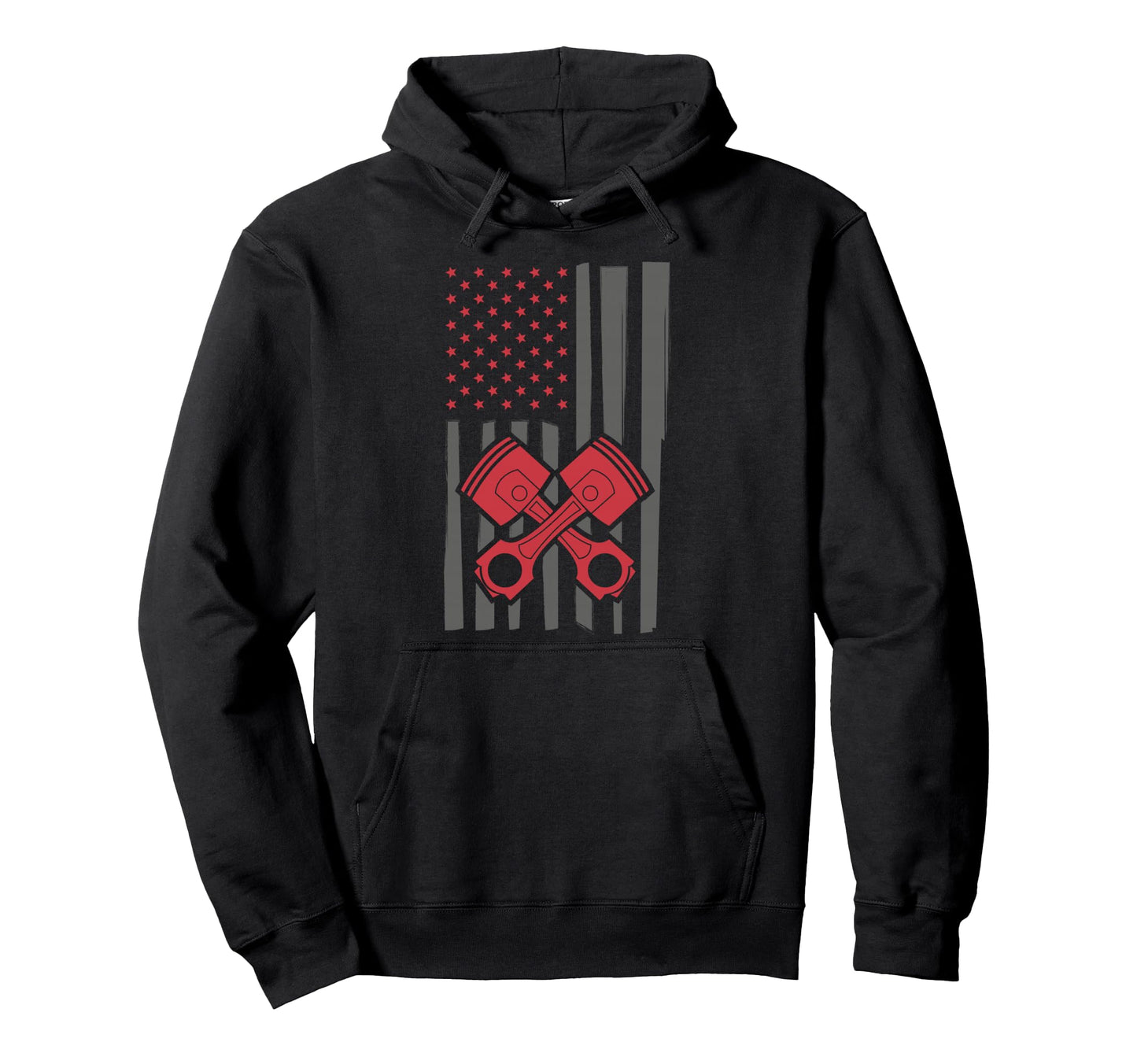Muscle Car Piston American Flag Hoodie - Fun Novelty Design for Adults - T-Shirt, Sweatshirt, Hoodie