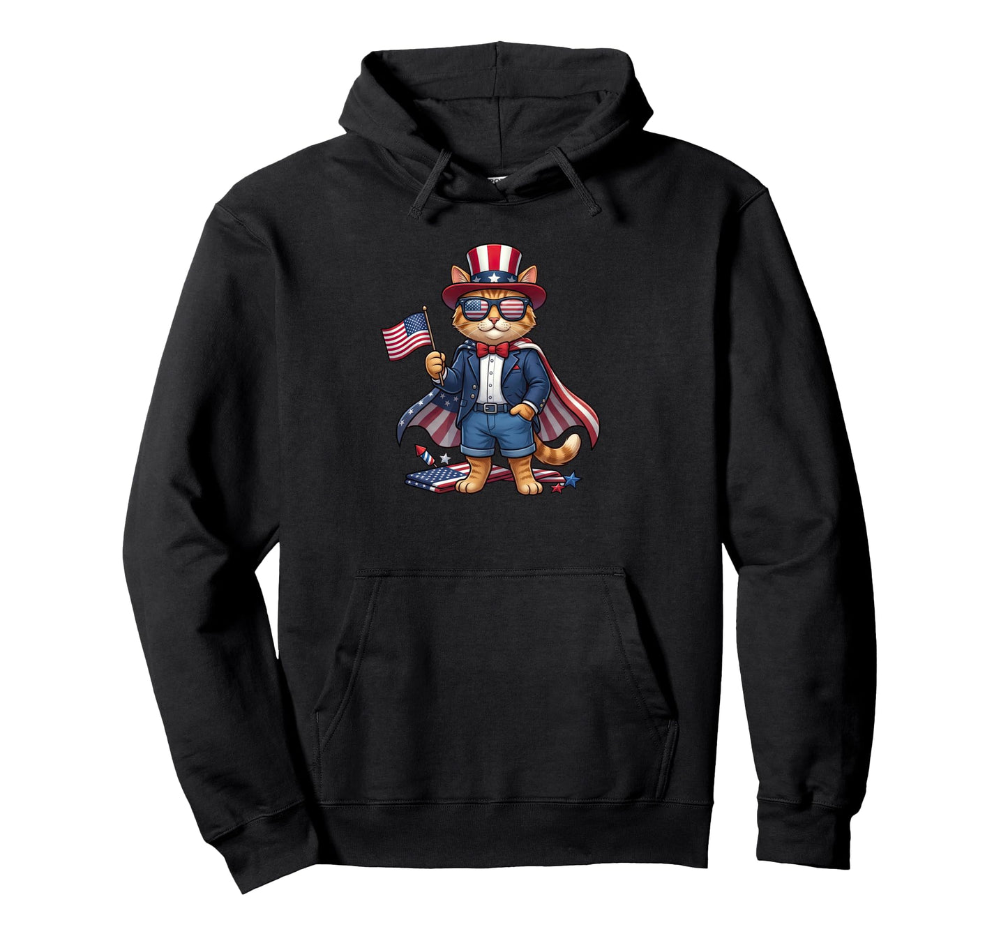 Funny Cat American Usa Flag Memorial Hoodie - Trendy Graphic for Adults - T-Shirt, Sweatshirt, Hoodie