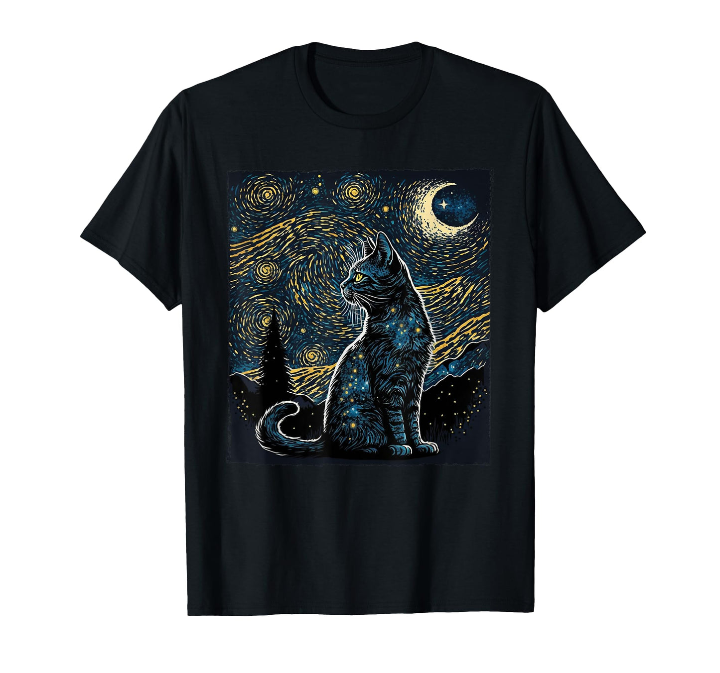 Starry Night Cat Van Gogh Cat Lover T-Shirt - Minimalist Print Unisex - T-Shirt, Sweatshirt, Hoodie