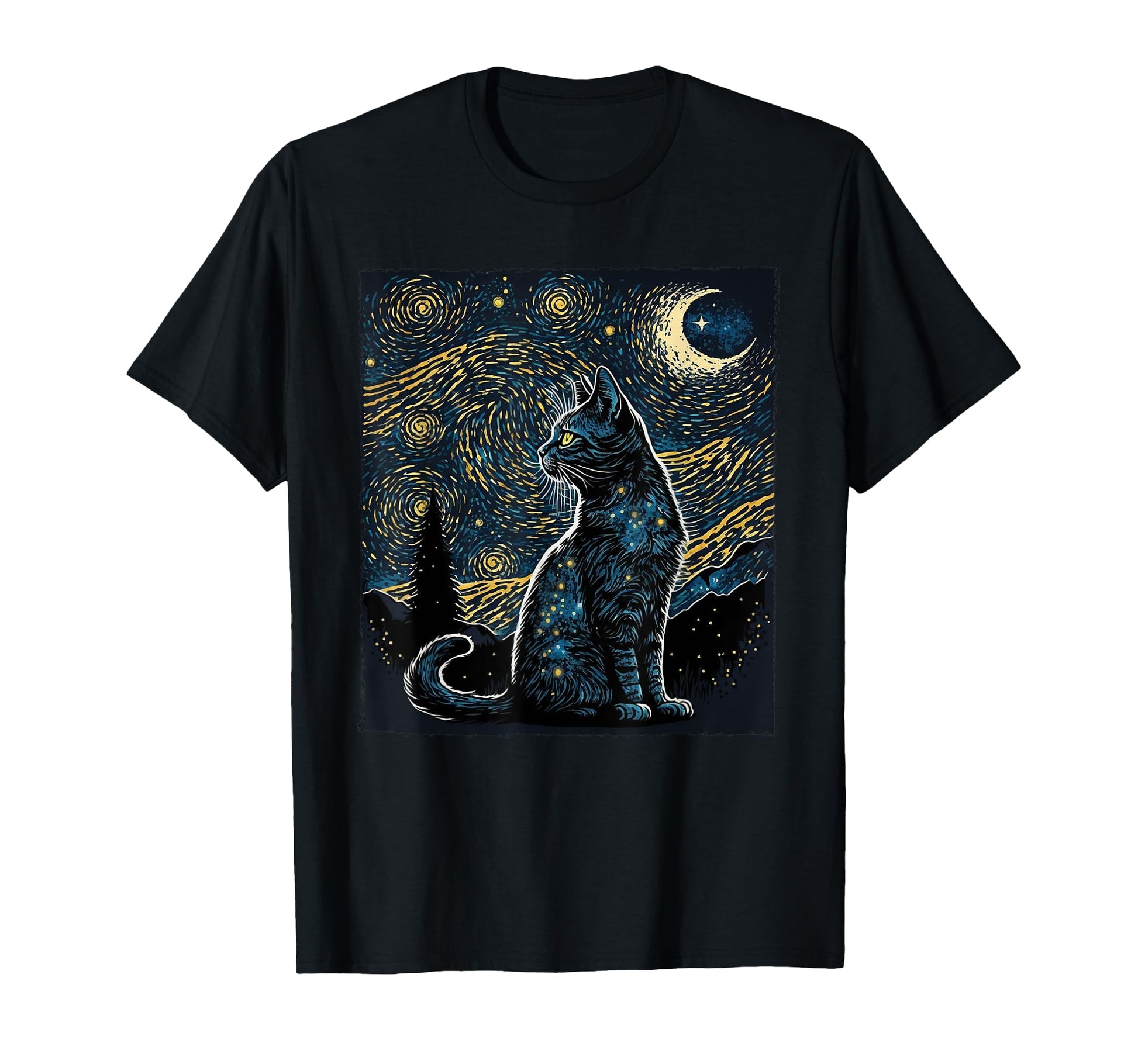 Starry Night Cat Van Gogh Cat Lover T-Shirt - Minimalist Print Unisex - T-Shirt, Sweatshirt, Hoodie