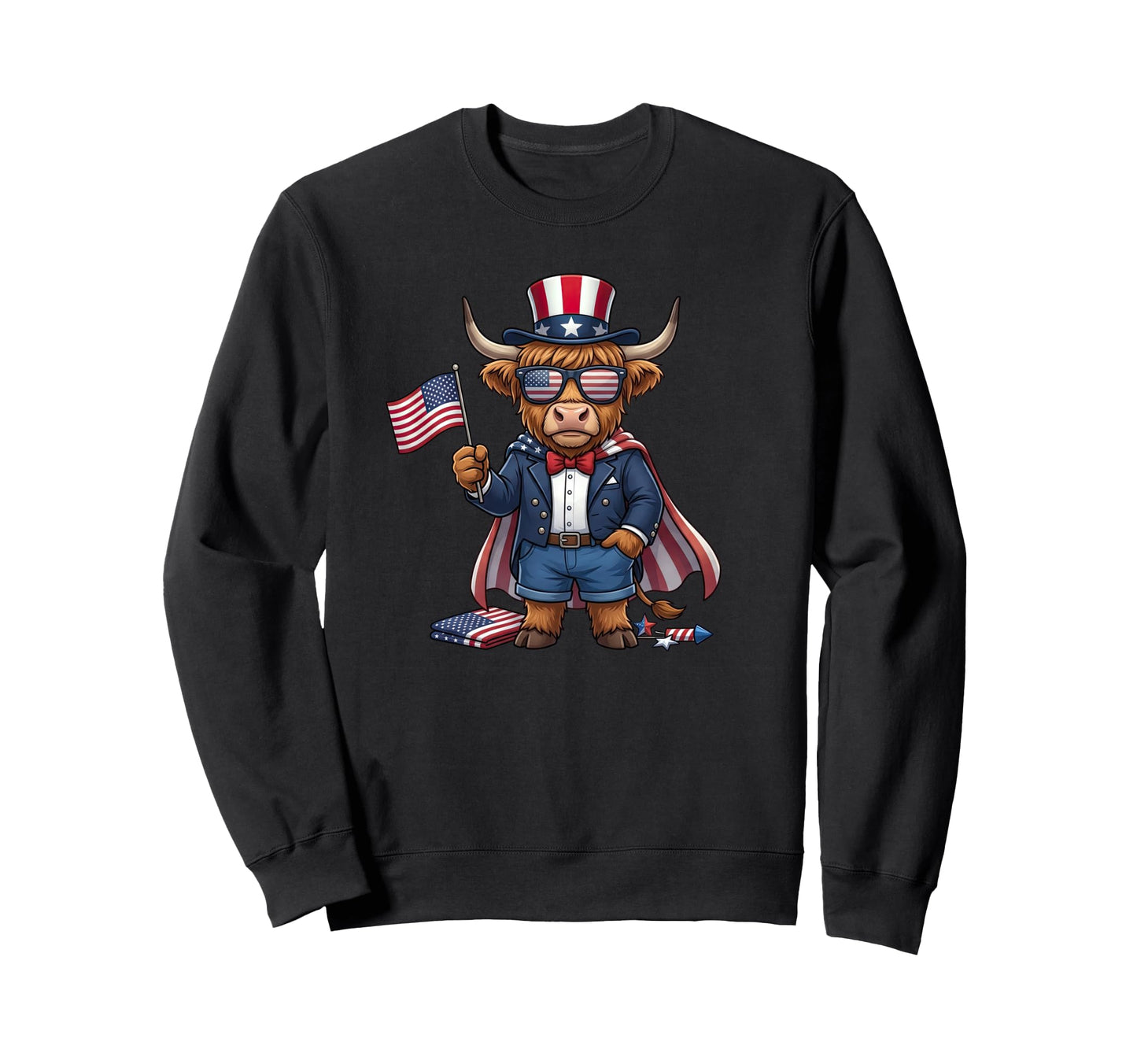 Highland Cow American Usa Flag Sweatshirt - Graphic Print for Adults - T-Shirt, Sweatshirt, Hoodie