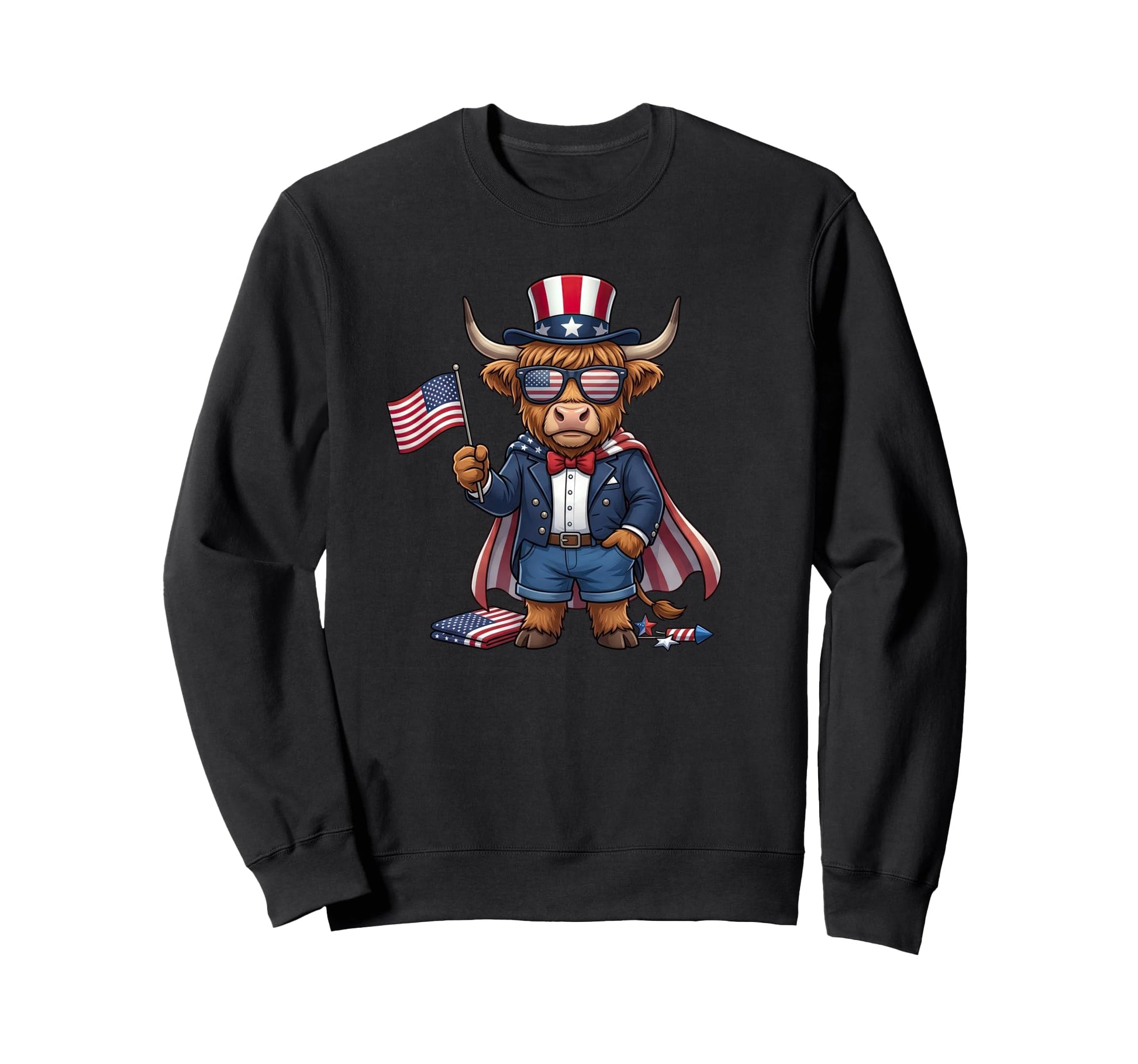 Highland Cow American Usa Flag Sweatshirt - Graphic Print for Adults - T-Shirt, Sweatshirt, Hoodie
