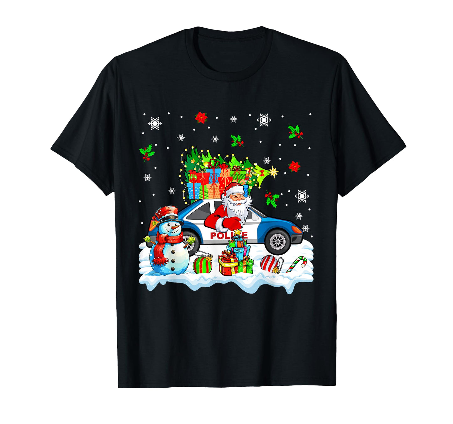 Santa Carrying Tree Police Car T-Shirt - Fun Novelty Design for Adults - T-Shirt, Sweatshirt, Hoodie