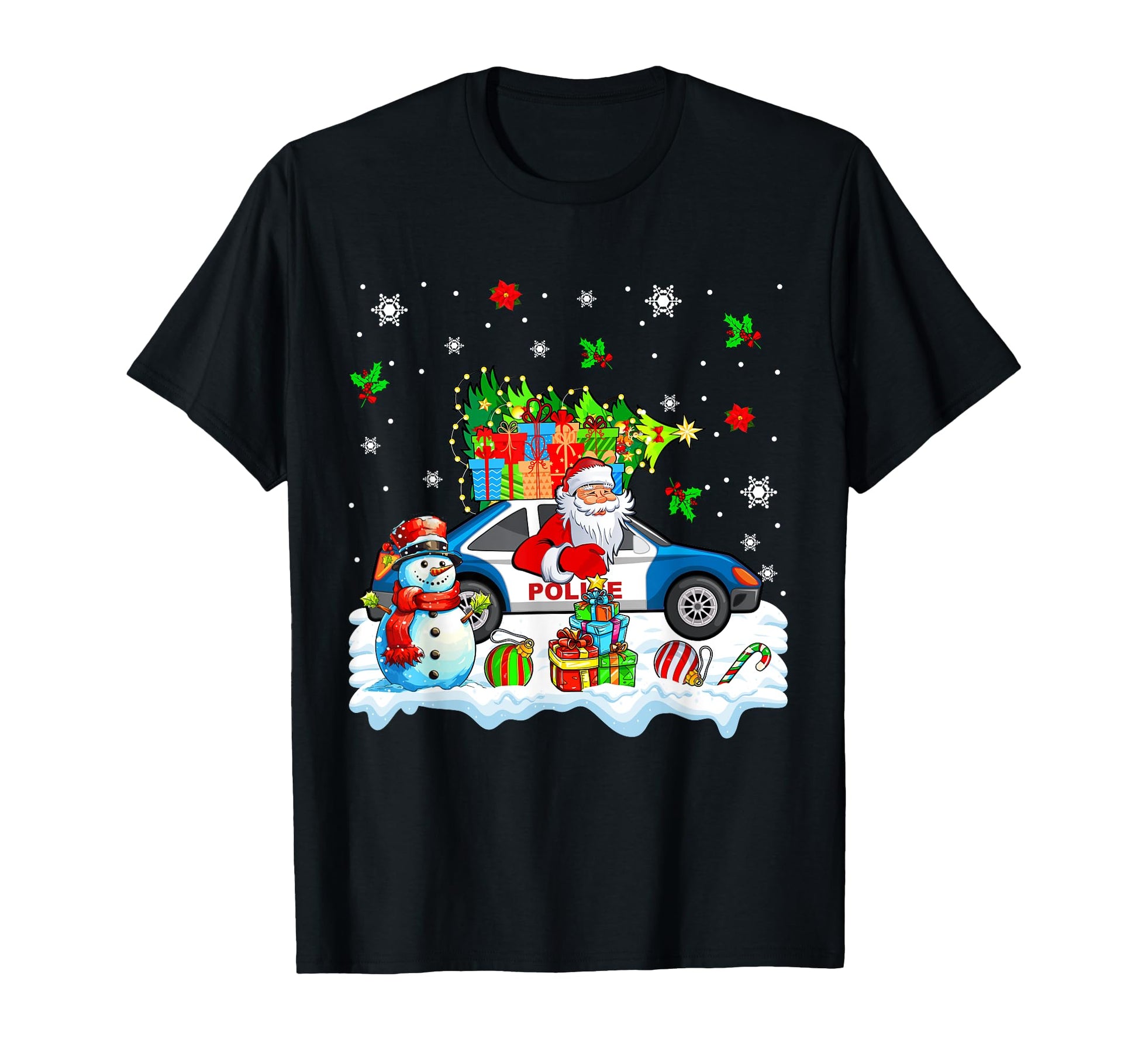 Santa Carrying Tree Police Car T-Shirt - Fun Novelty Design for Adults - T-Shirt, Sweatshirt, Hoodie