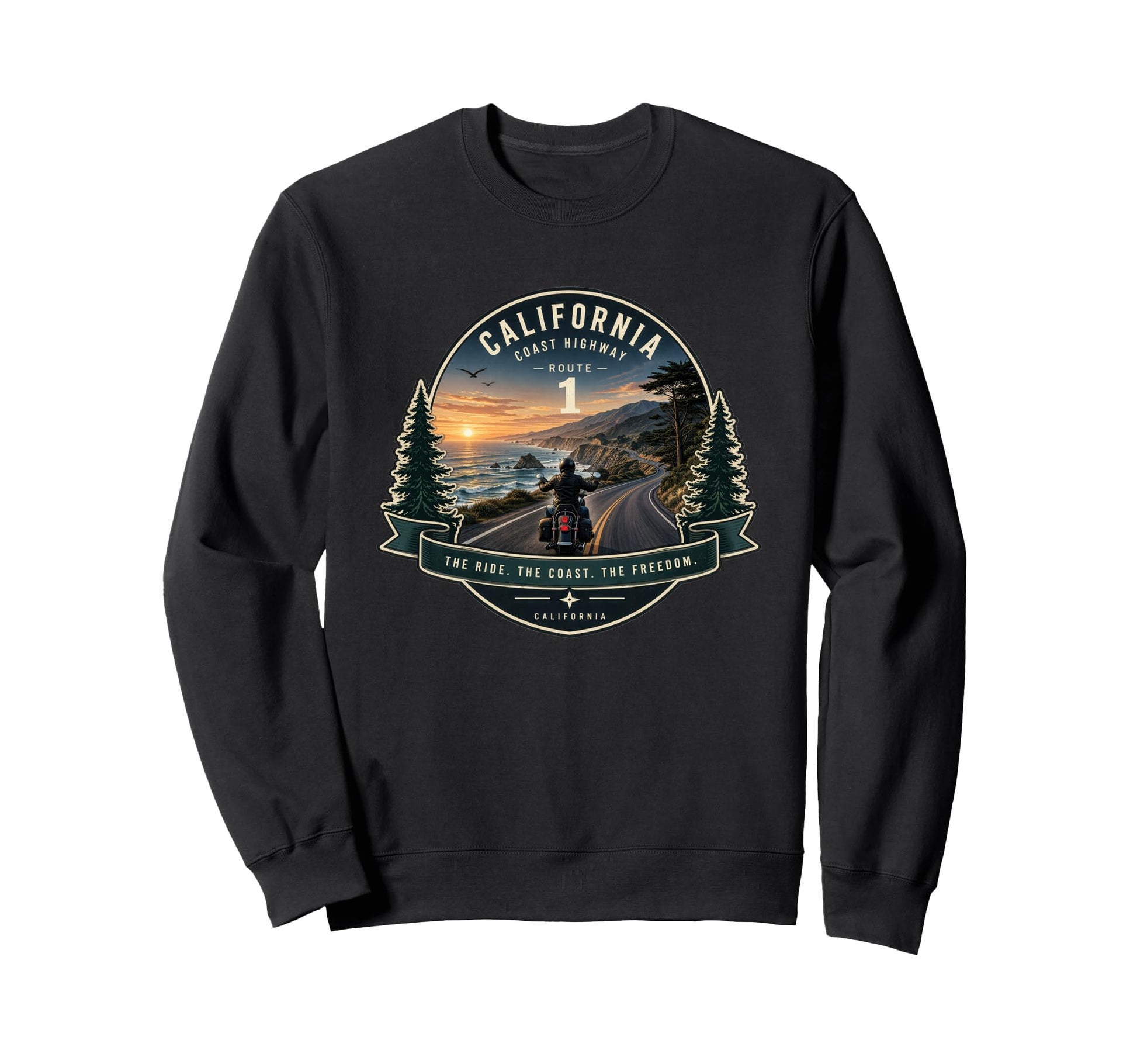 California Highway 1 Motorcycle Rider Sweatshirt - Unique Graphic Unisex - T-Shirt, Sweatshirt, Hoodie