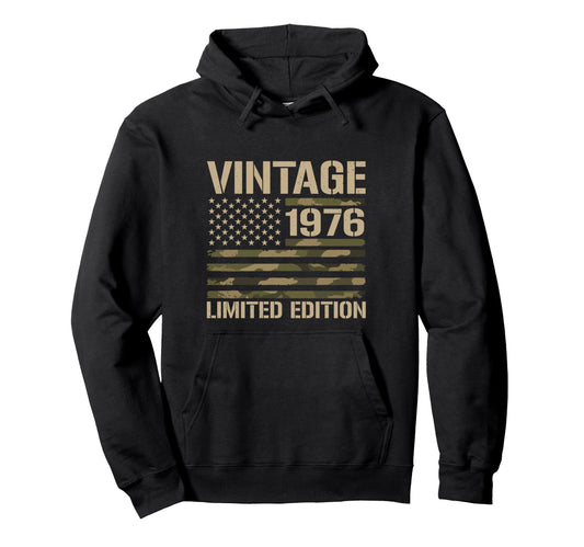 50Th Birthday 1976 Usa Flag Military Hoodie - Novelty Apparel Unisex - T-Shirt, Sweatshirt, Hoodie