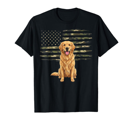 Camo American Flag Golden Retriever T-Shirt - Trendy Graphic for Adults - T-Shirt, Sweatshirt, Hoodie
