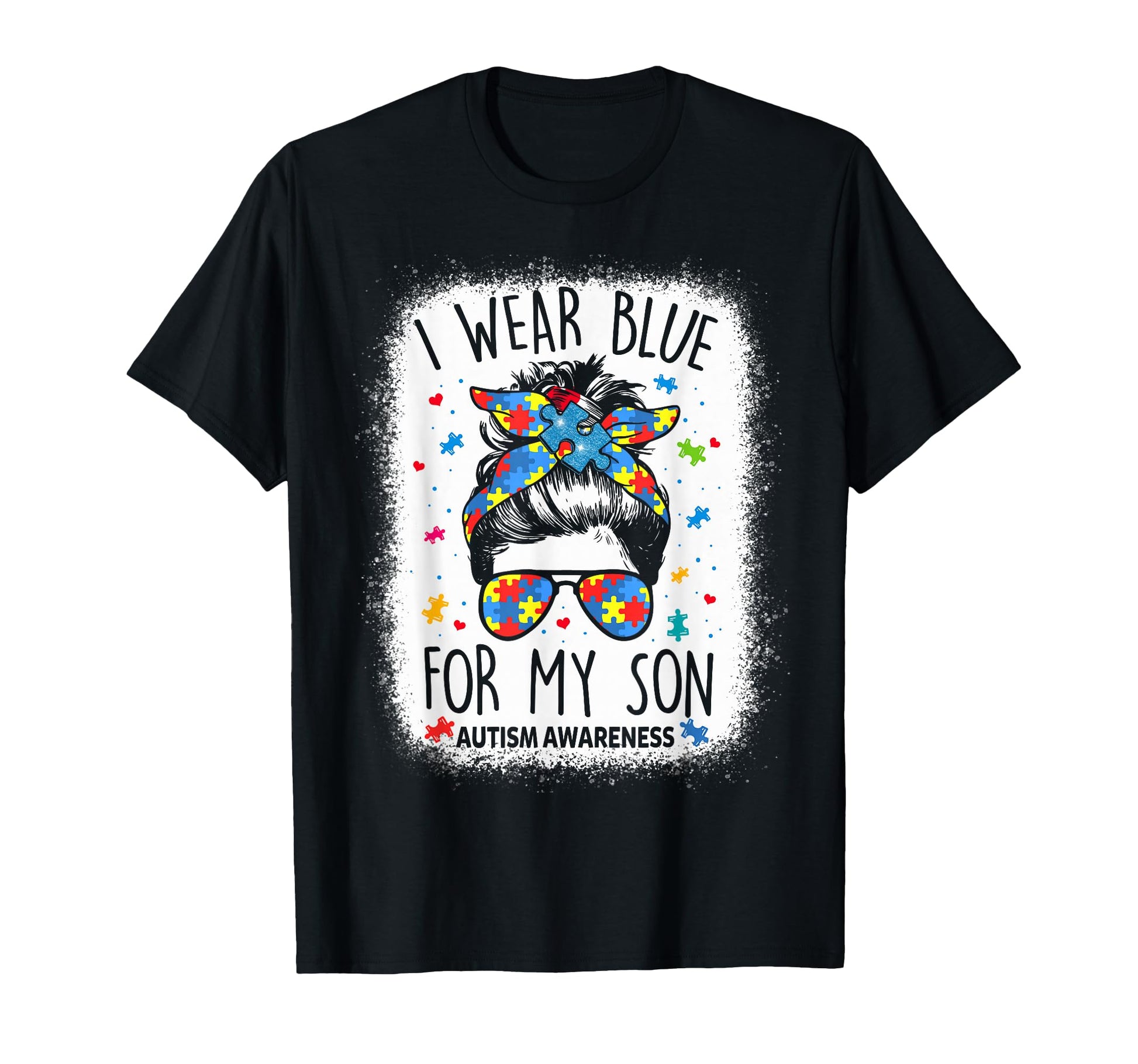 Autism Awareness Mom Messy Bun I Wear Blue T-Shirt - Trendy Graphic Unisex - T-Shirt, Sweatshirt, Hoodie