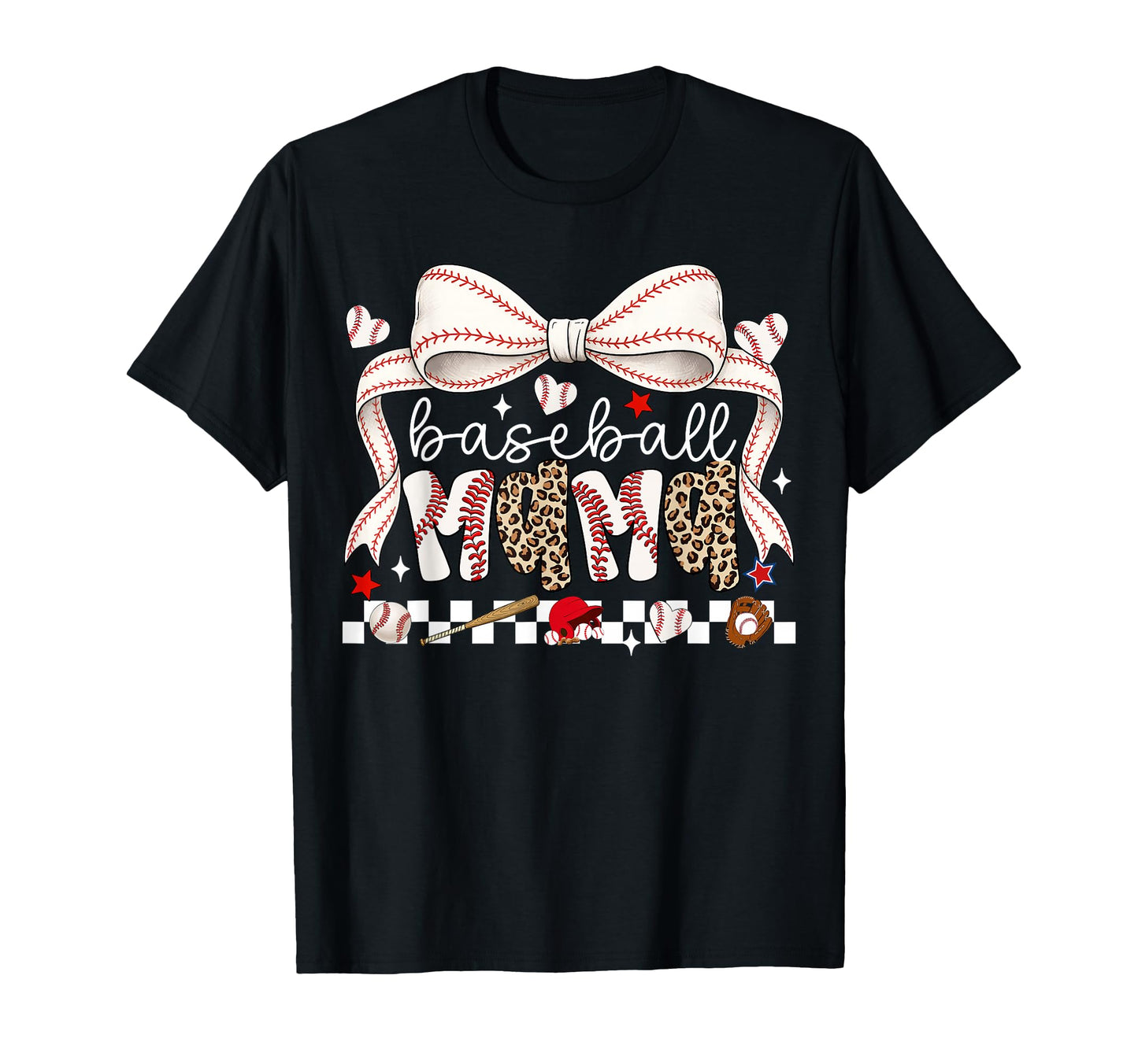 Baseball Mama Game Day Leopard Bow T-Shirt - Fun Novelty Design for Adults - T-Shirt, Sweatshirt, Hoodie