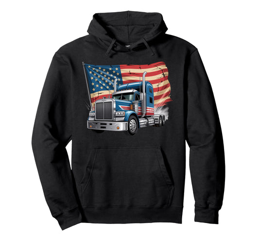 American Flag Trucker Dad Big Rig Trailer Hoodie - Minimalist Print Unisex - T-Shirt, Sweatshirt, Hoodie