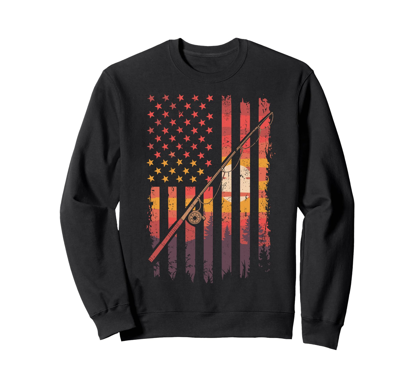 Sunset Us American Flag Fishing Lover Sweatshirt - Unique Graphic Unisex - T-Shirt, Sweatshirt, Hoodie
