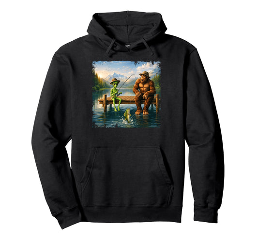 Bigfoot Alien Bass Fishing Funny Hoodie - Graphic Print Men Women - T-Shirt, Sweatshirt, Hoodie