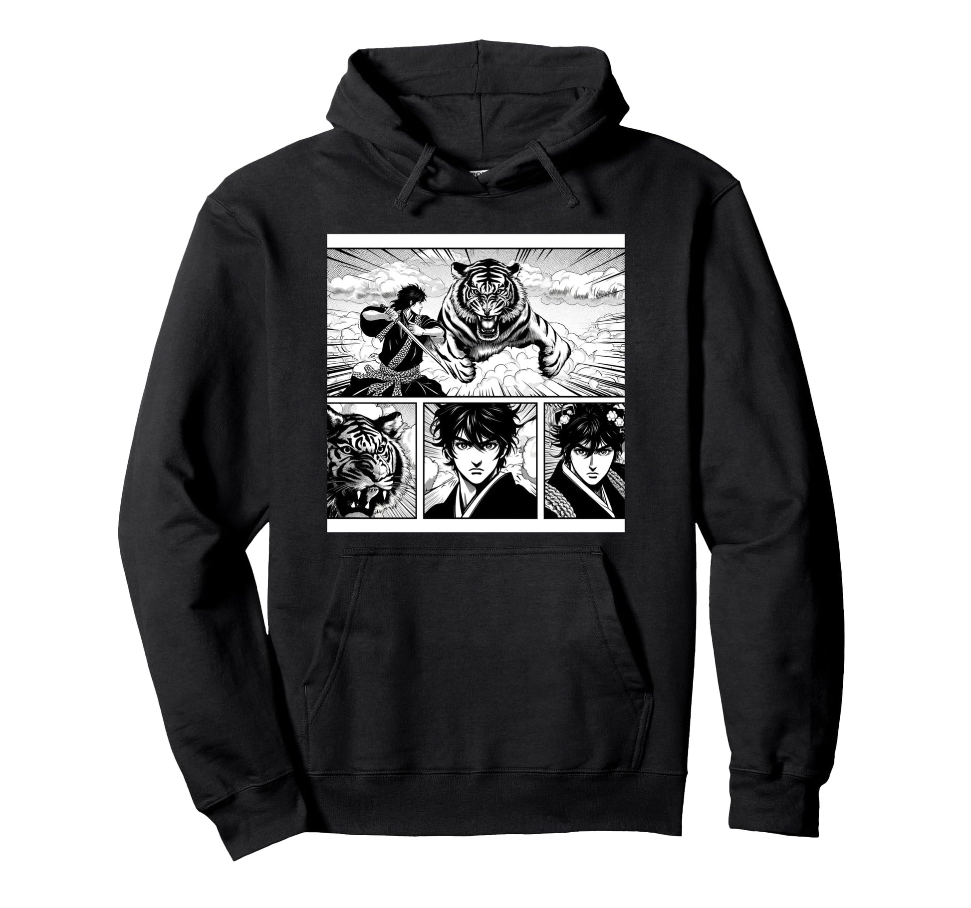 Japanese Fighters Battling Tiger Anime Hoodie - Custom Art Print Men Women - T-Shirt, Sweatshirt, Hoodie