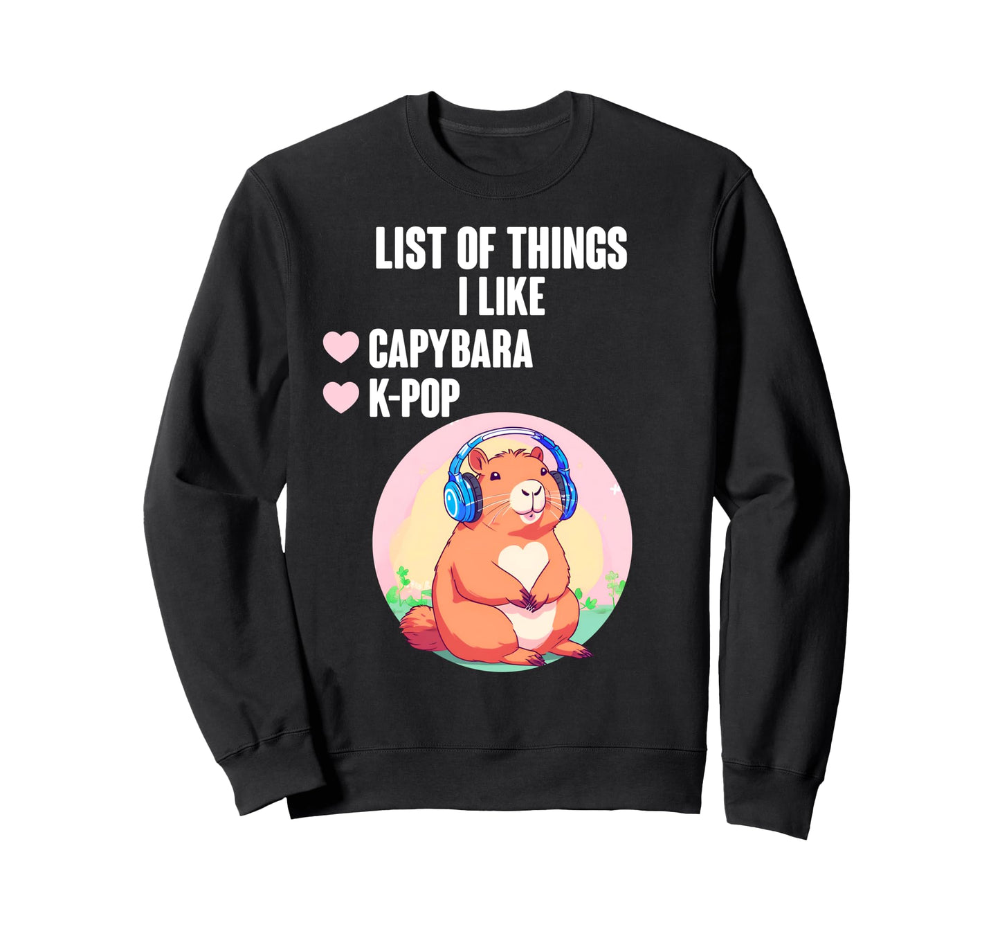 K Pop And Capybara List Things I Like Sweatshirt - Unique Graphic Men Women - T-Shirt, Sweatshirt, Hoodie