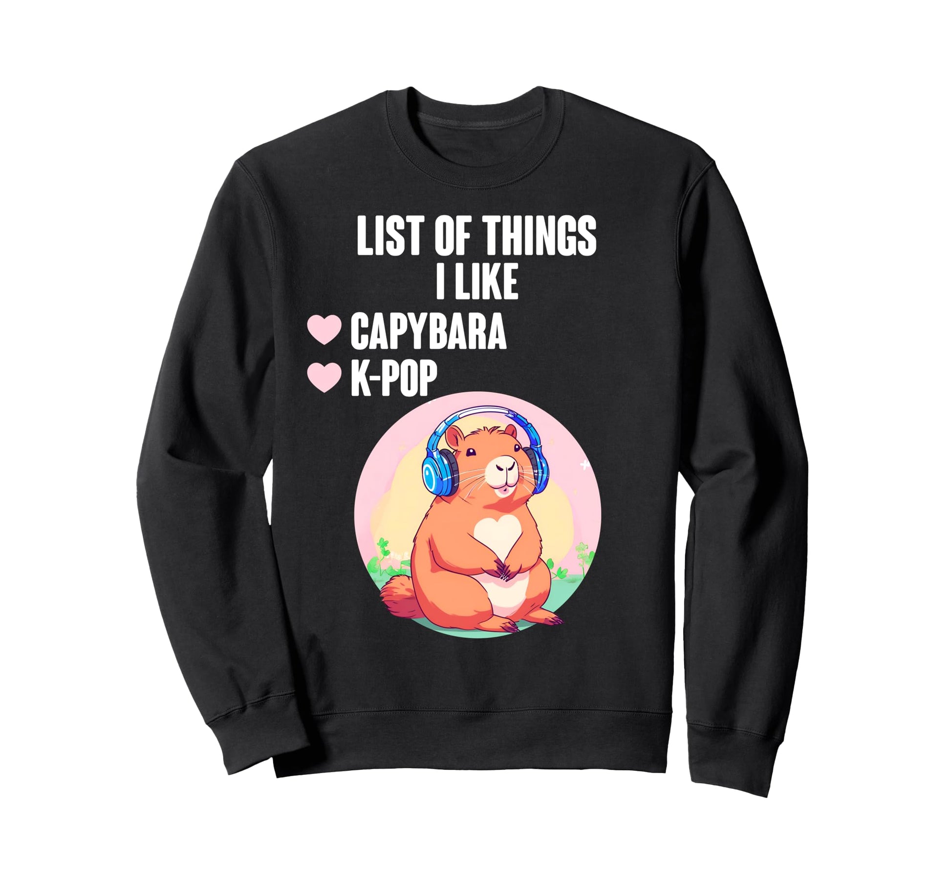 K Pop And Capybara List Things I Like Sweatshirt - Unique Graphic Men Women - T-Shirt, Sweatshirt, Hoodie
