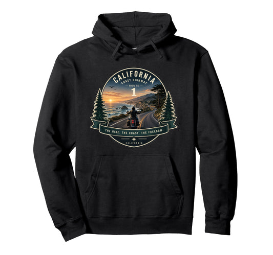 California Highway 1 Motorcycle Rider Hoodie - Minimalist Print Men Women - T-Shirt, Sweatshirt, Hoodie