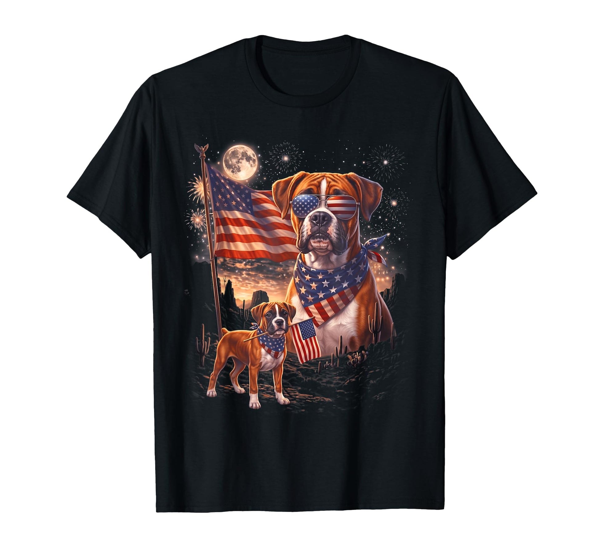 Boxer Dog Patriotic Dog Moon American T-Shirt - Custom Art Print Unisex - T-Shirt, Sweatshirt, Hoodie