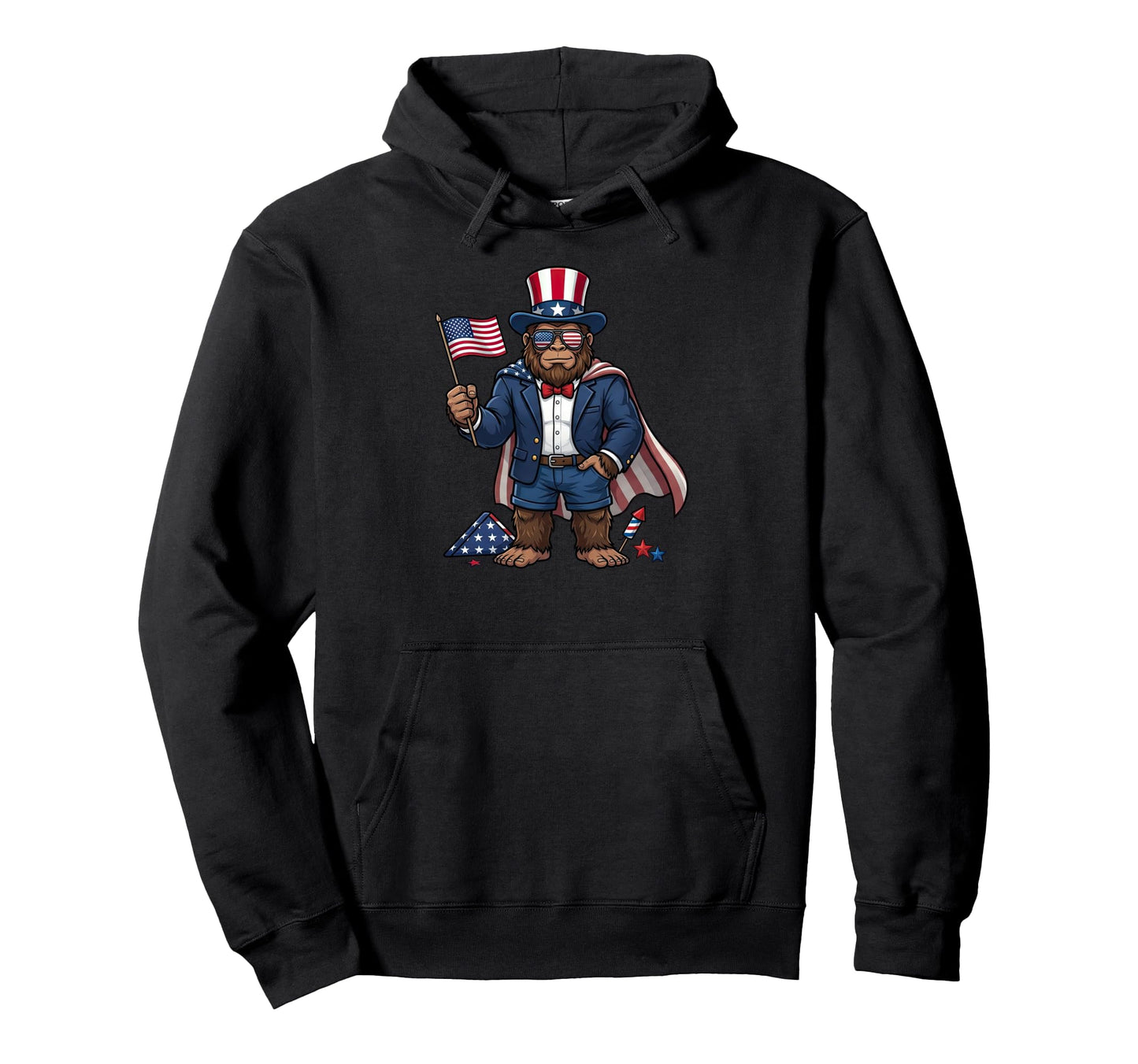 Funny Bigfoot American Usa Flag Hoodie - Fun Novelty Design Unisex - T-Shirt, Sweatshirt, Hoodie