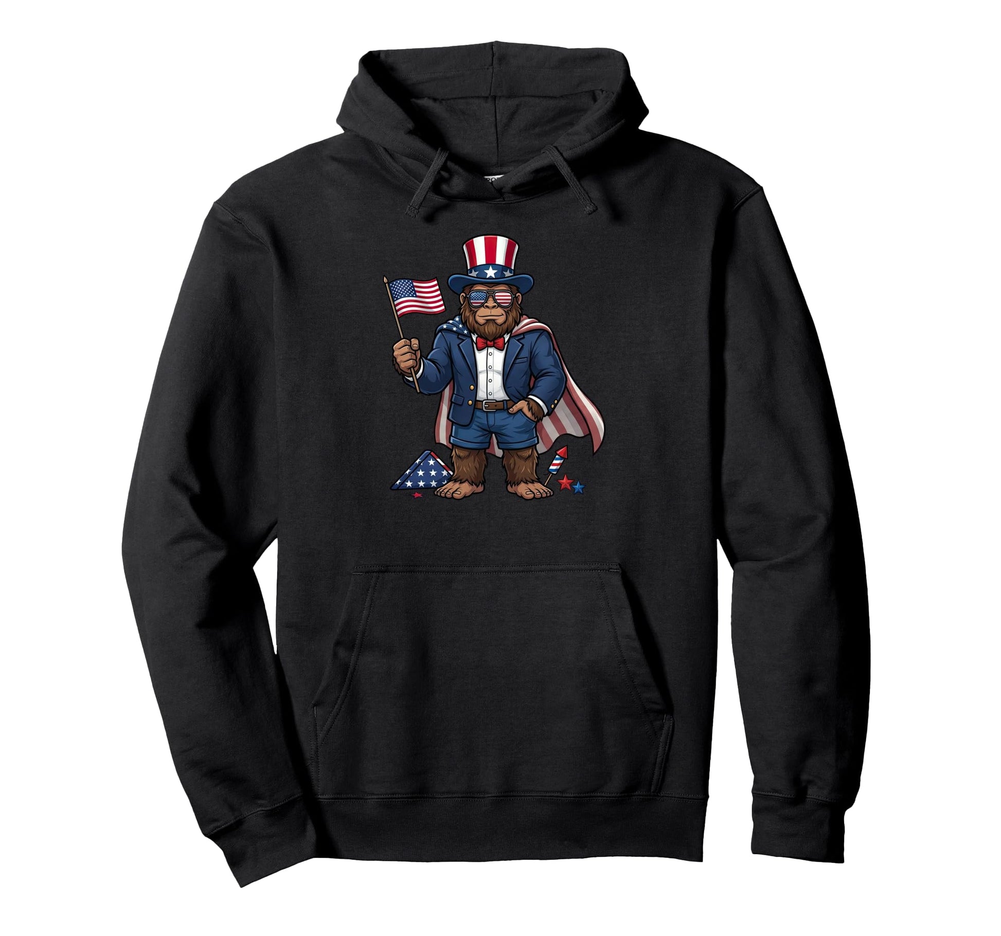 Funny Bigfoot American Usa Flag Hoodie - Fun Novelty Design Unisex - T-Shirt, Sweatshirt, Hoodie