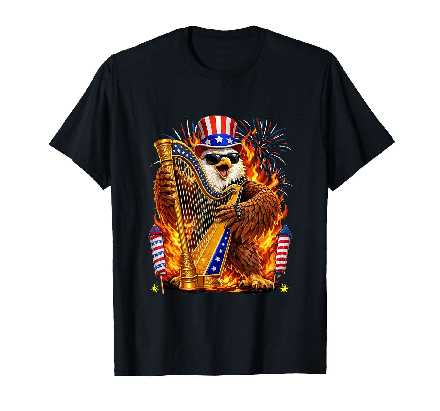 4Th July Eagle Playing Harp Instrument T-Shirt - Custom Art Print Unisex - T-Shirt, Sweatshirt, Hoodie